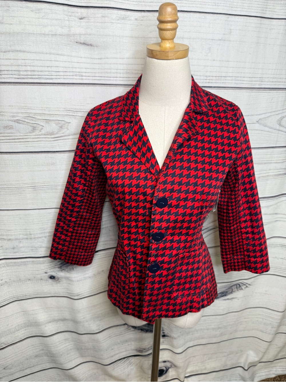 Joan Rivers Red & Black Houndstooth Fitted Blazer